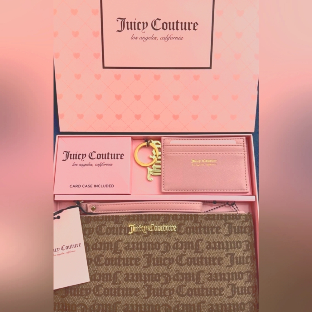 Juicy Couture 3PC Giftset•Wristlet•Card Case•Key Chain/Bag Charm•Pink & Brown
